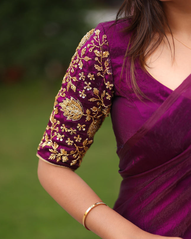 Shiny purple party wear with heavy work blouse saree