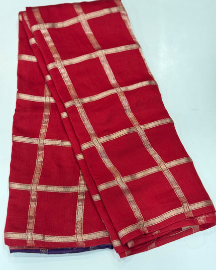 Red soft tussar crepe checks  saree