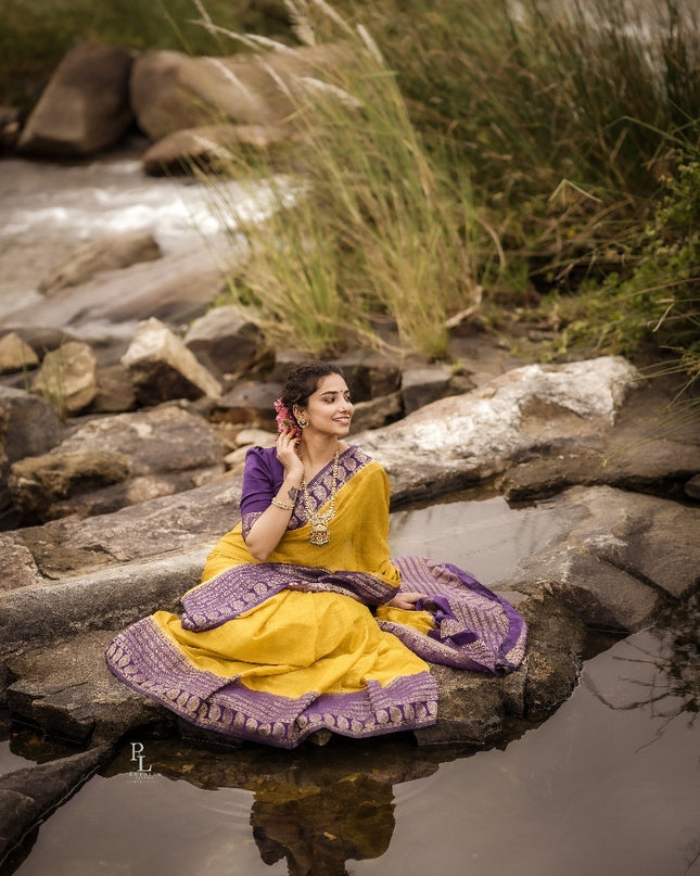 Abhisaarike Light yellow n purple soft semi Tussar saree