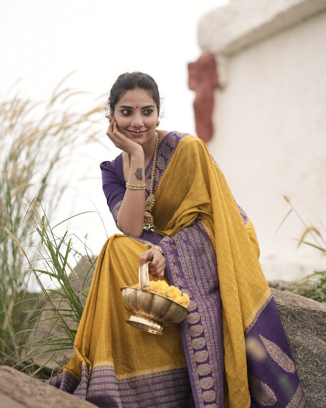 Abhisaarike Light yellow n purple soft semi Tussar saree
