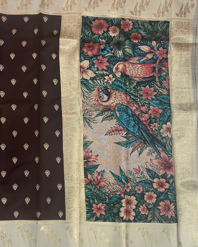Chocolate Brown n light grey semi soft silk saree