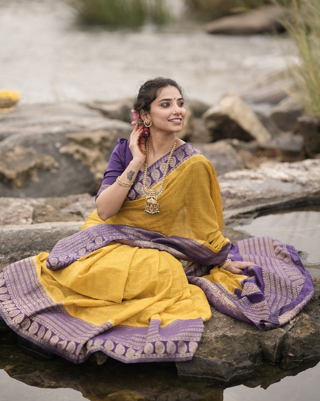 Abhisaarike Light yellow n purple soft semi Tussar saree