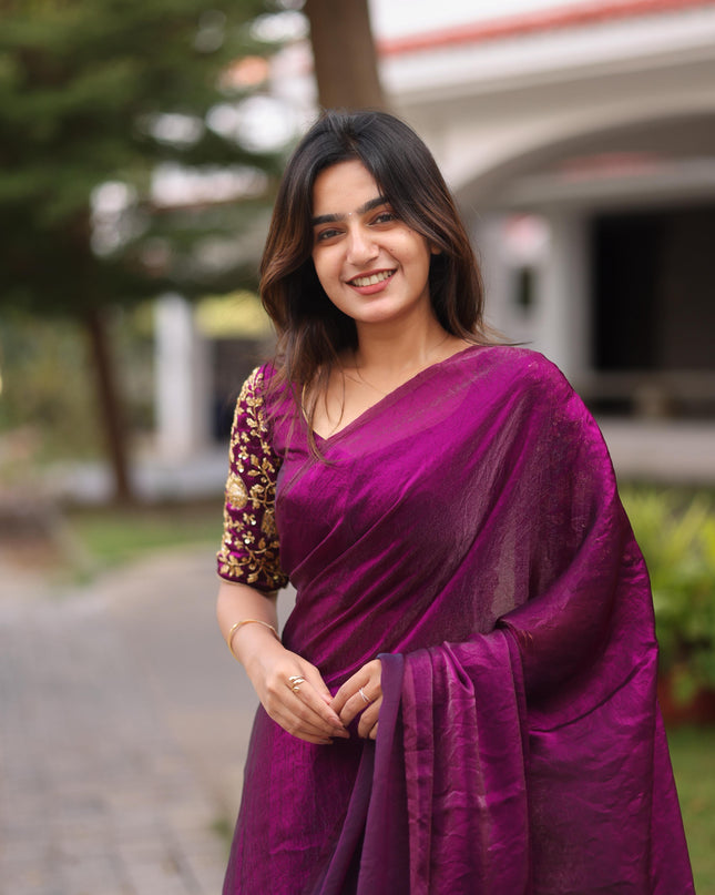 Shiny purple party wear with heavy work blouse saree