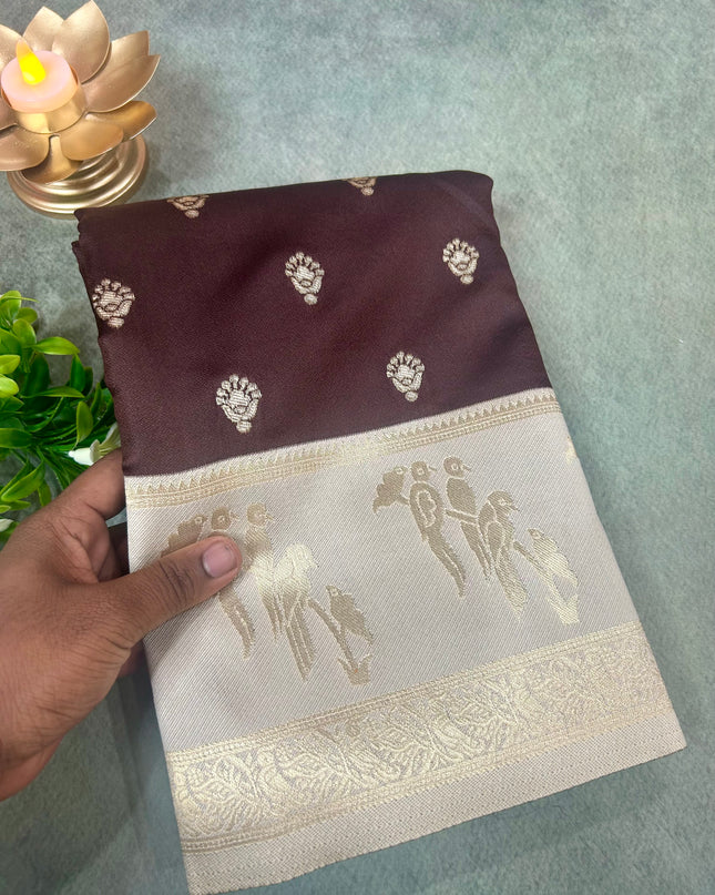 Chocolate Brown n light grey semi soft silk saree