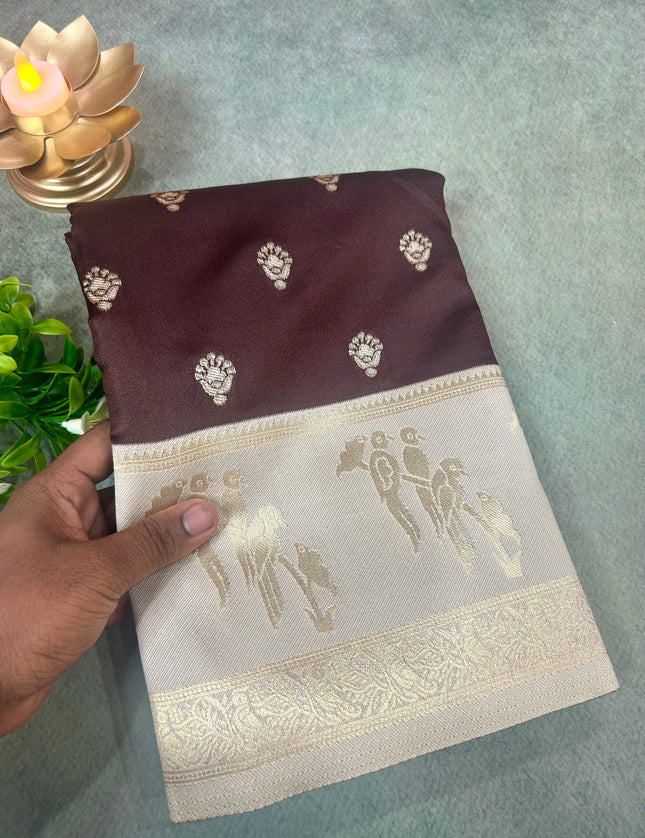 Chocolate Brown n light grey semi soft silk saree