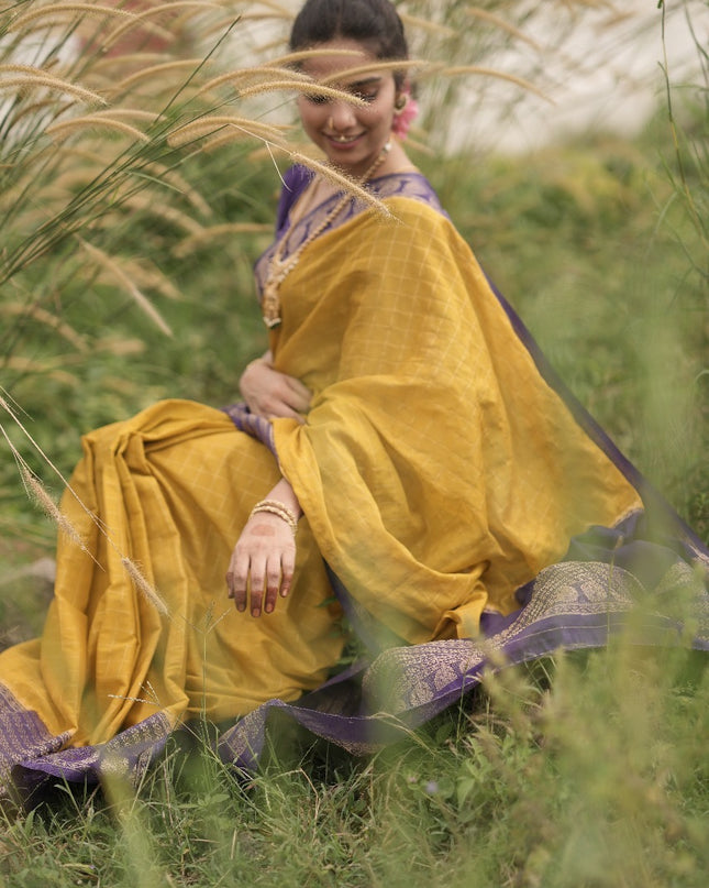 Abhisaarike Light yellow n purple soft semi Tussar saree