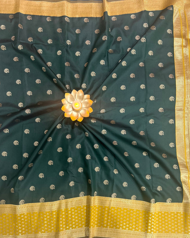 Bottle green n mustard yellow semi soft-10 silk saree
