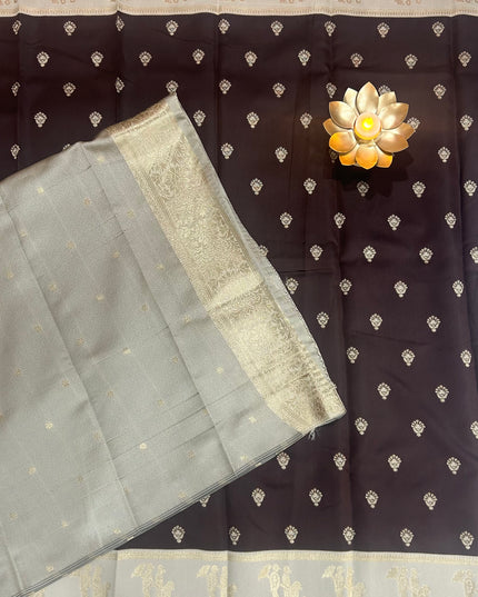 Chocolate Brown n light grey semi soft silk saree