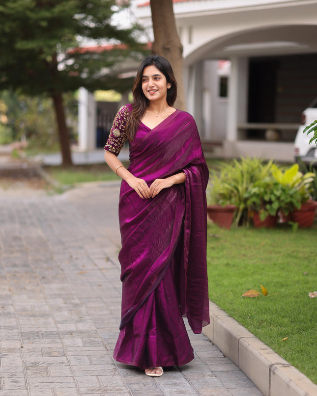 Shiny purple party wear with heavy work blouse saree