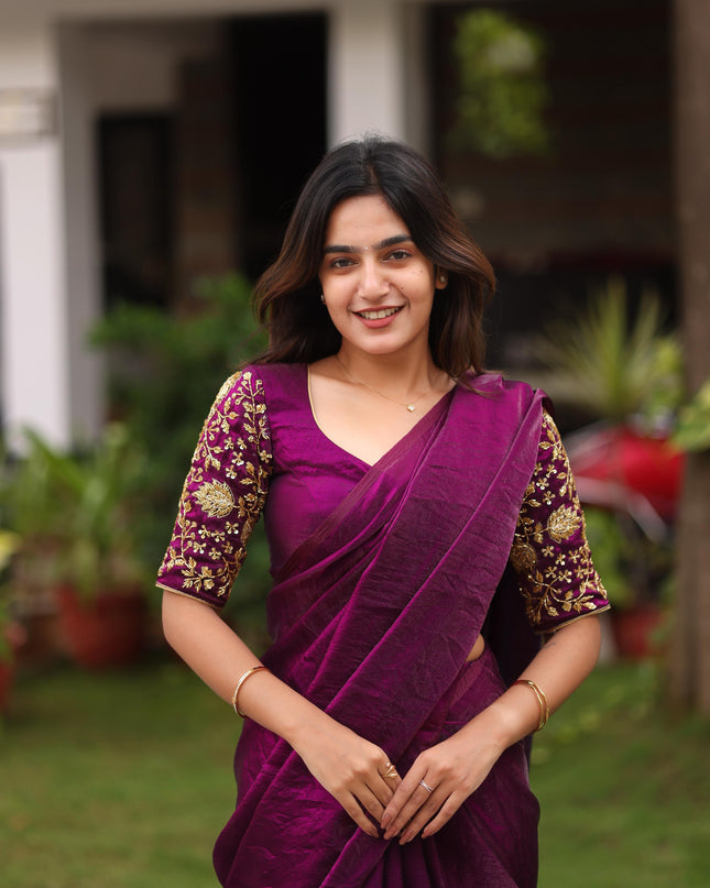Shiny purple party wear with heavy work blouse saree