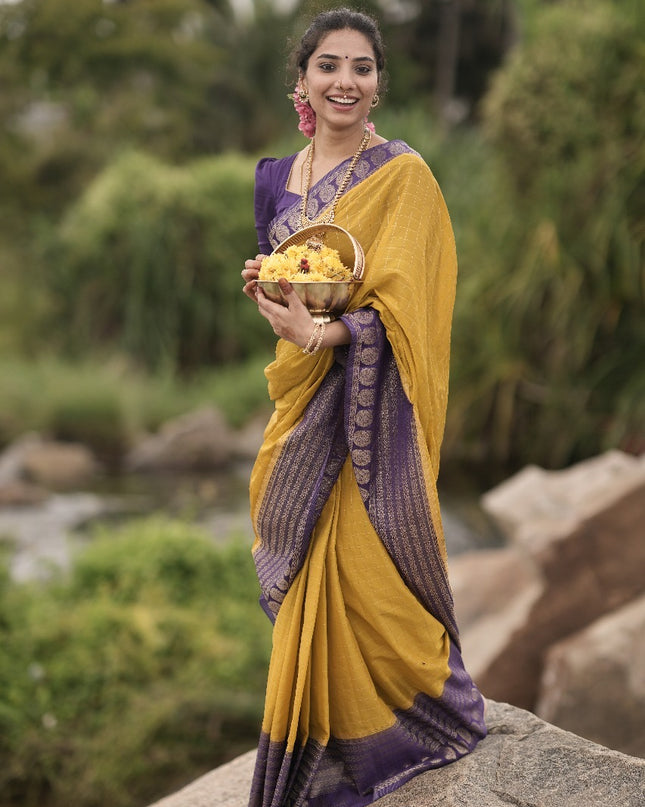 Abhisaarike Light yellow n purple soft semi Tussar saree