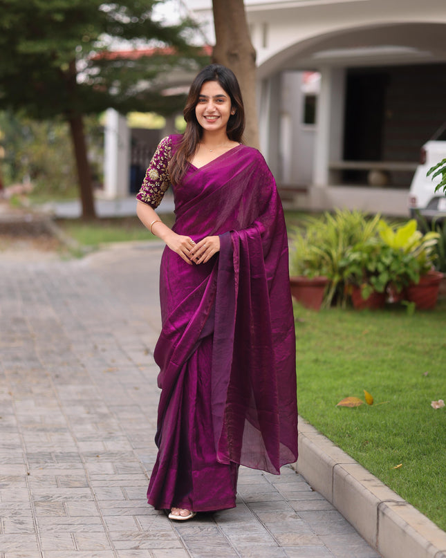 Shiny purple party wear with heavy work blouse saree