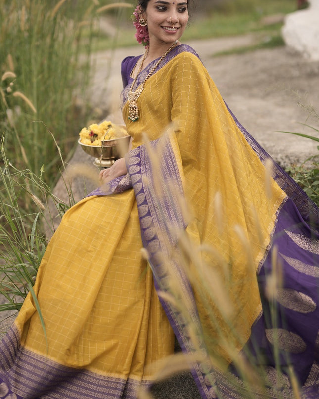 Abhisaarike Light yellow n purple soft semi Tussar saree