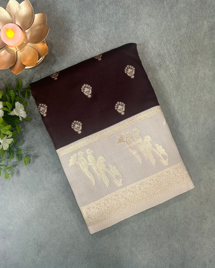 Chocolate Brown n light grey semi soft silk saree