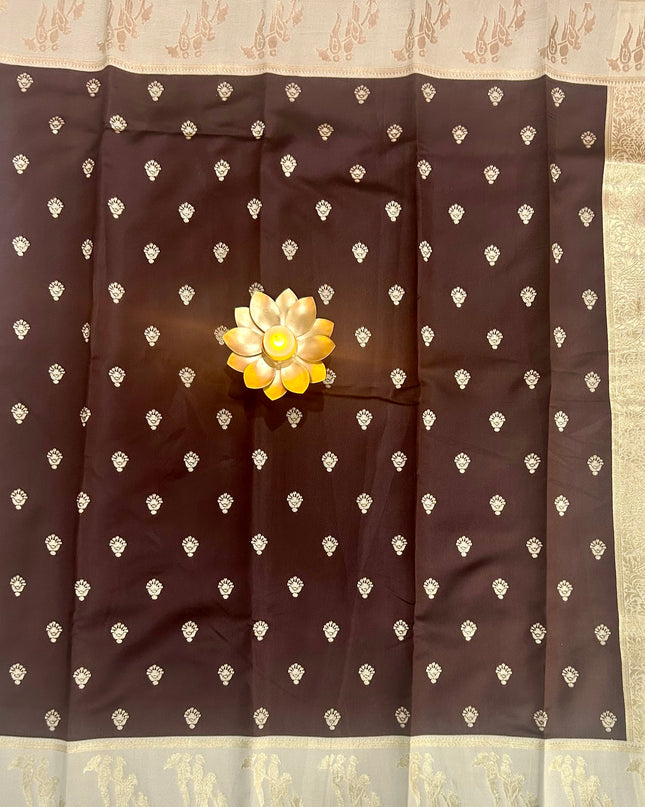 Chocolate Brown n light grey semi soft silk saree