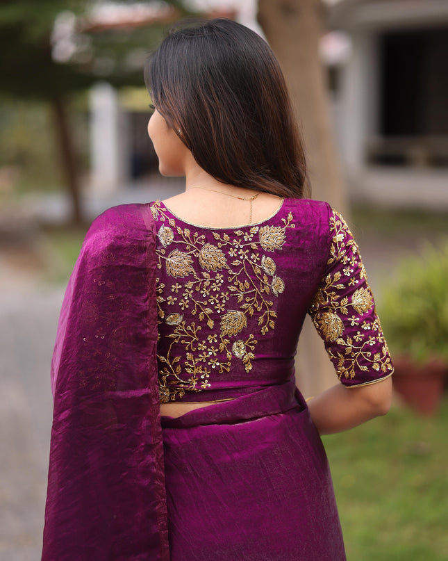 Shiny purple party wear with heavy work blouse saree