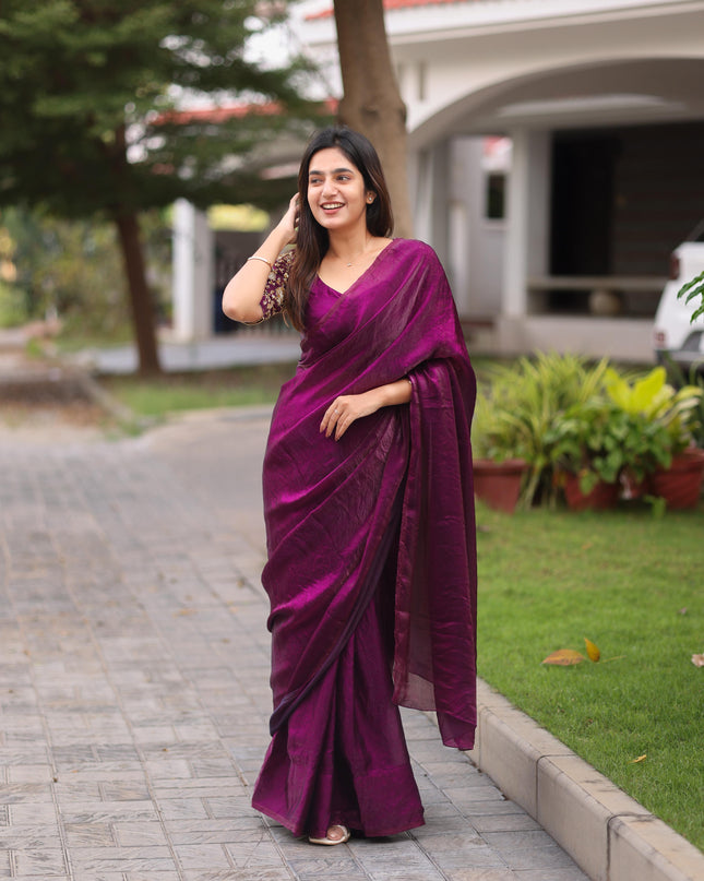 Shiny purple party wear with heavy work blouse saree