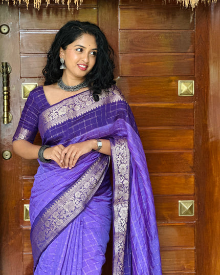 Raksha light purple checks soft tussar saree