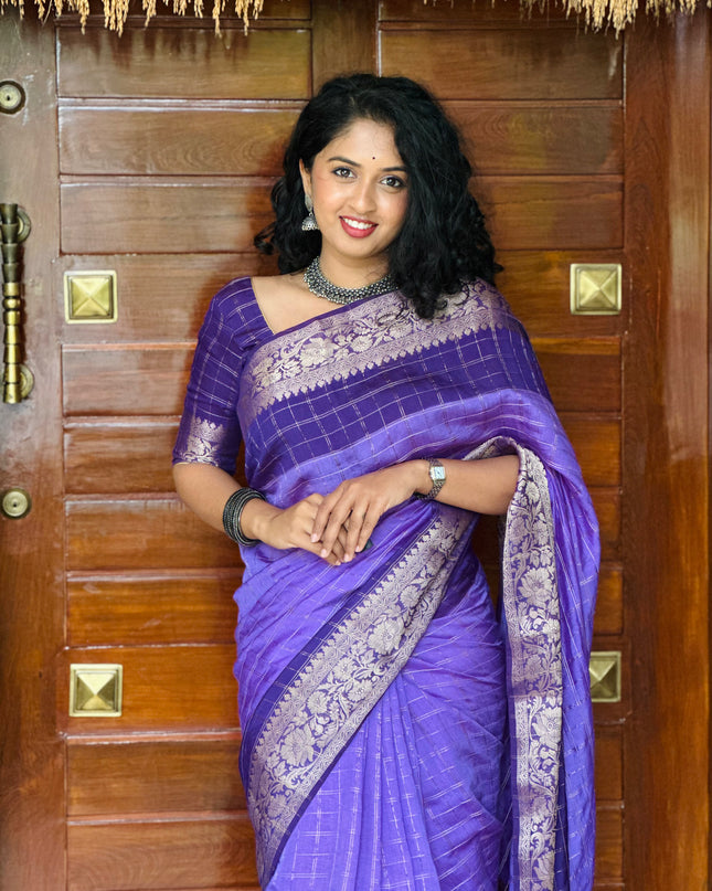 Raksha light purple checks soft tussar saree