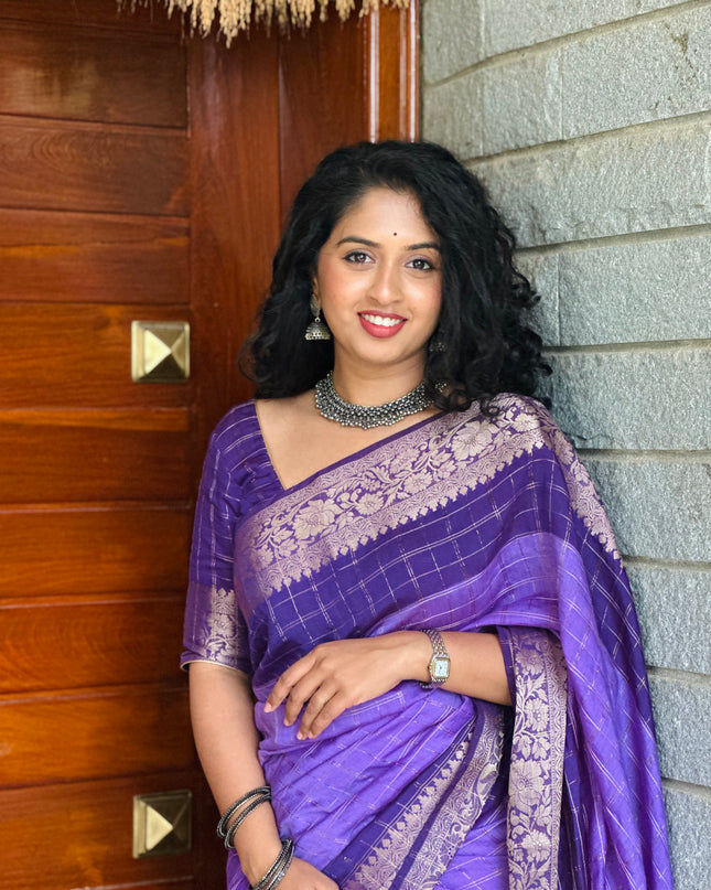 Raksha light purple checks soft tussar saree