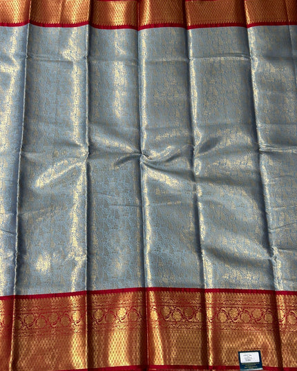 Sky blue-01 red brocade semi kanchi silk saree