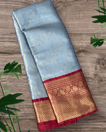 Sky blue-01 red brocade semi kanchi silk saree