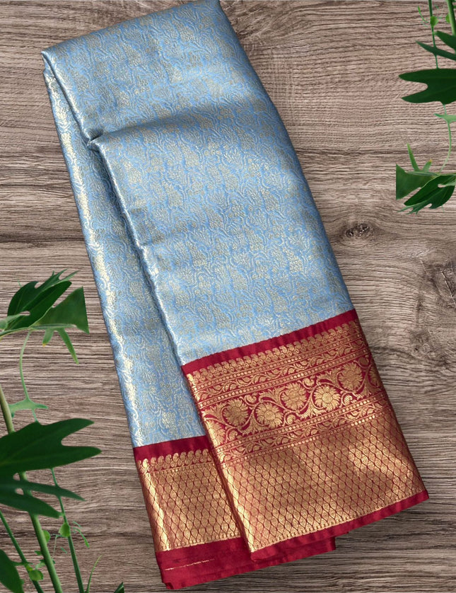 Sky blue-01 red brocade semi kanchi silk saree