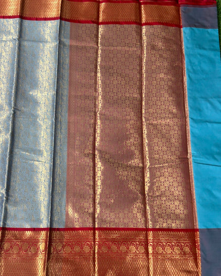 Sky blue-01 red brocade semi kanchi silk saree