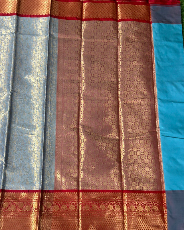 Sky blue-01 red brocade semi kanchi silk saree