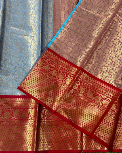 Sky blue-01 red brocade semi kanchi silk saree