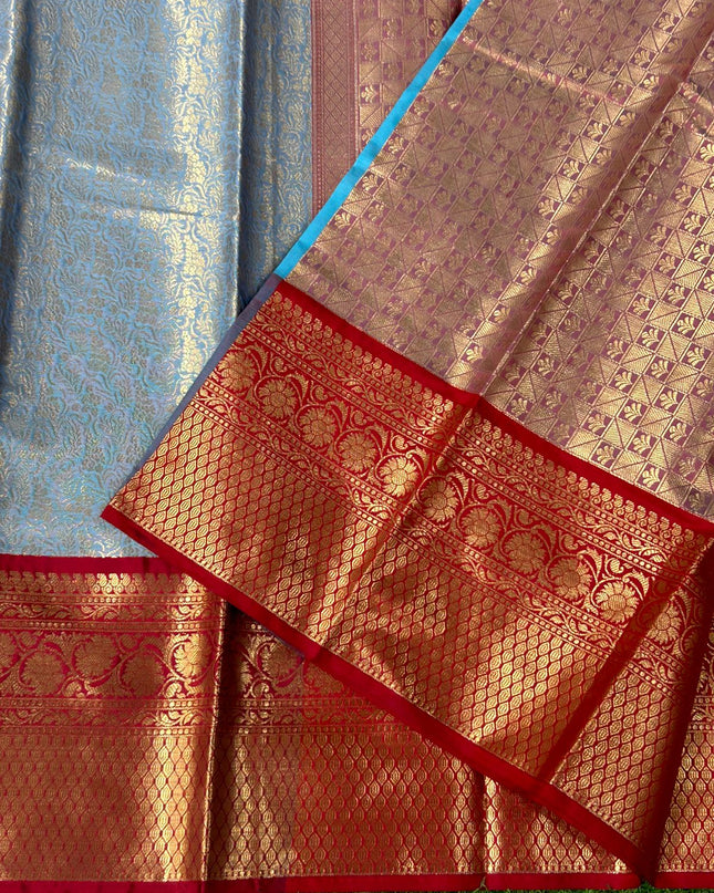 Sky blue-01 red brocade semi kanchi silk saree