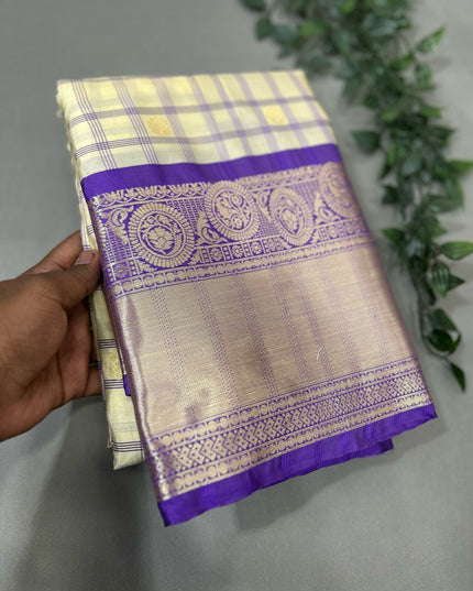 Cream n purple  checks semi kanchivaram saree