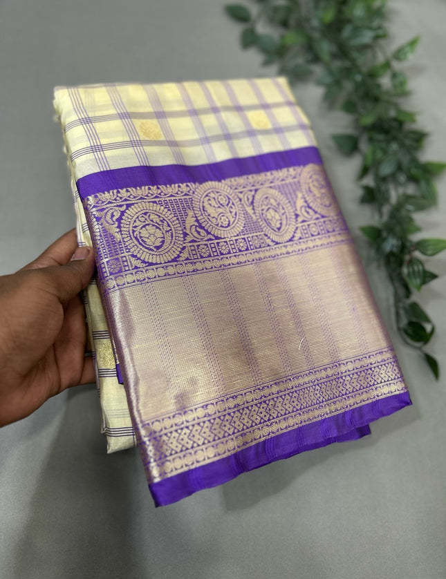Cream n purple  checks semi kanchivaram saree