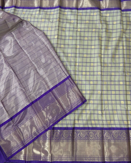 Cream n purple  checks semi kanchivaram saree
