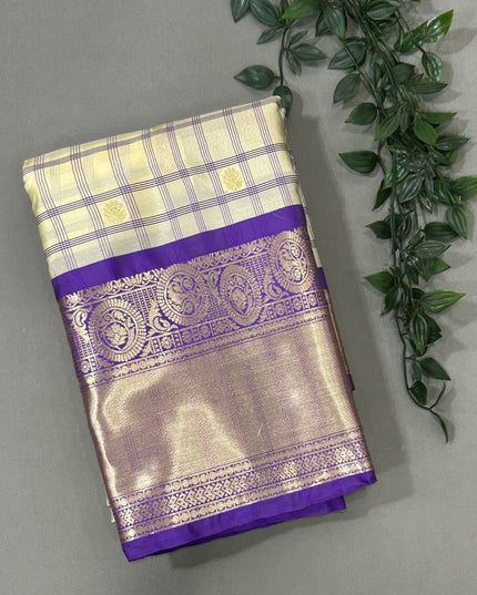 Cream n purple  checks semi kanchivaram saree