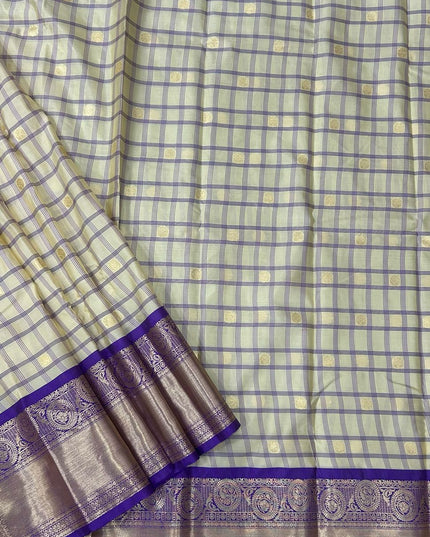 Cream n purple  checks semi kanchivaram saree