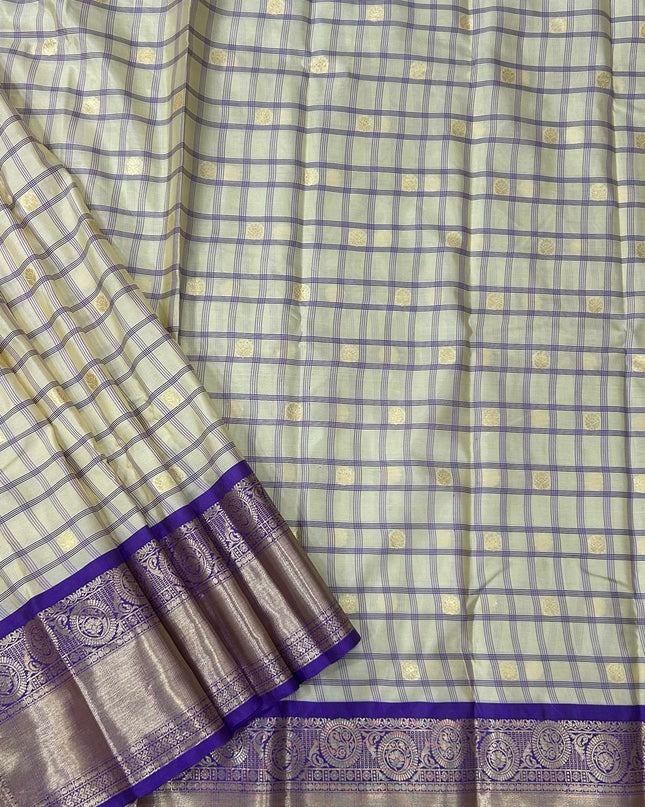 Cream n purple  checks semi kanchivaram saree