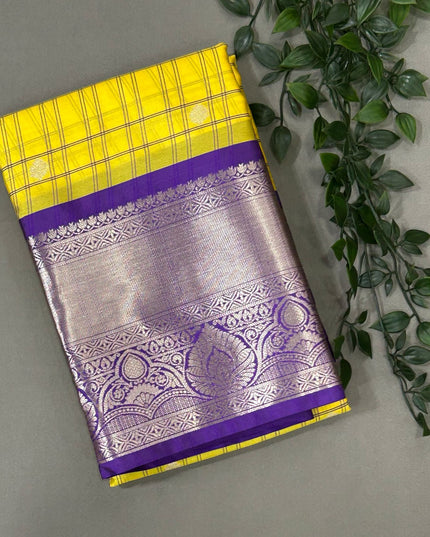 Yellow n purple  checks semi kanchivaram saree