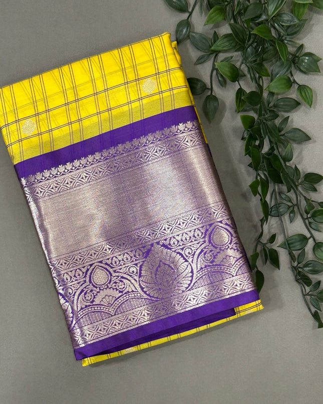 Yellow n purple  checks semi kanchivaram saree