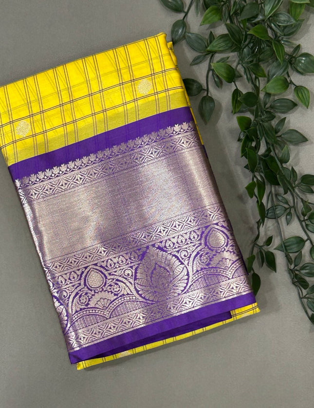 Yellow n purple  checks semi kanchivaram saree