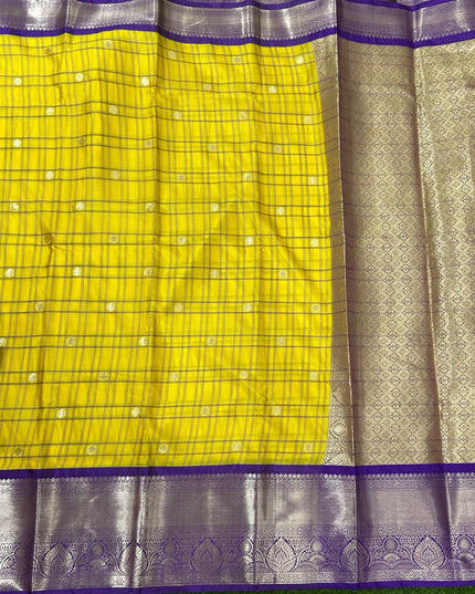 Yellow n purple  checks semi kanchivaram saree