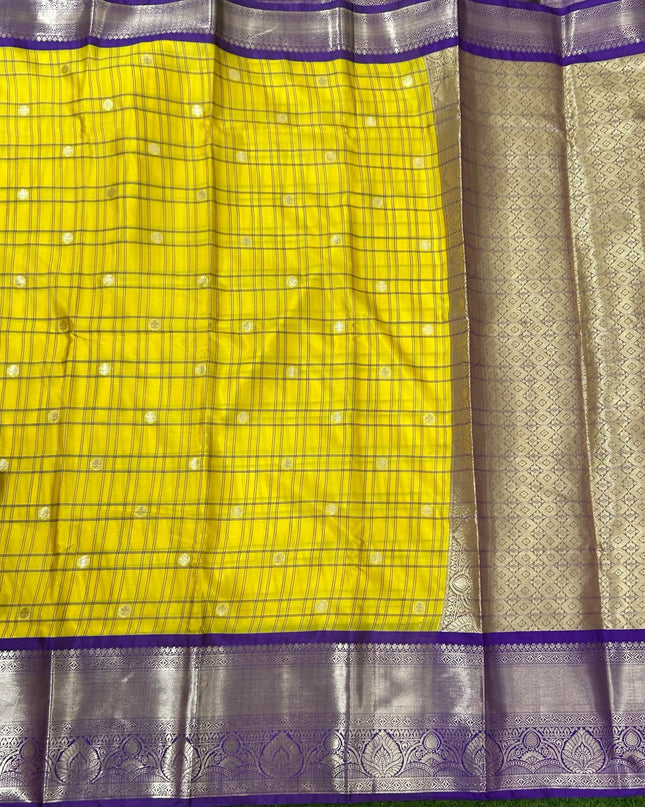 Yellow n purple  checks semi kanchivaram saree