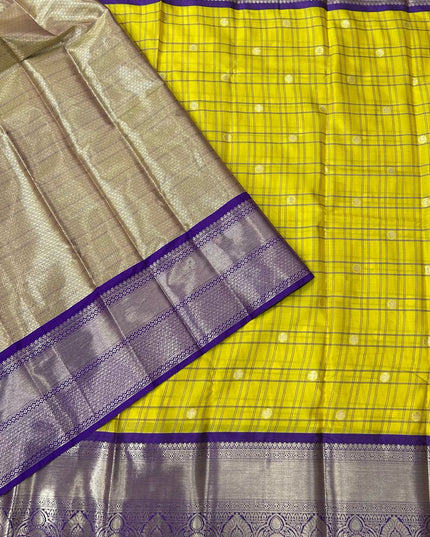 Yellow n purple  checks semi kanchivaram saree