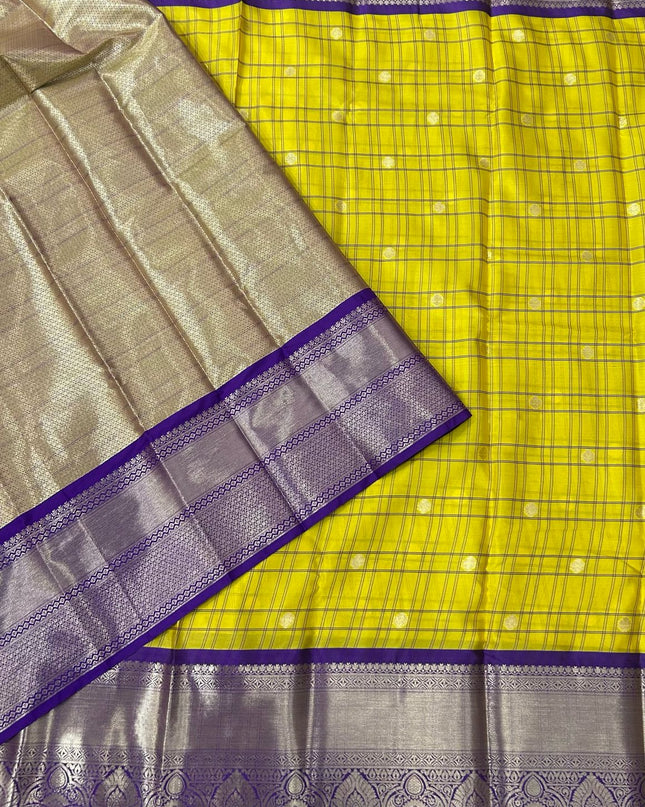 Yellow n purple  checks semi kanchivaram saree