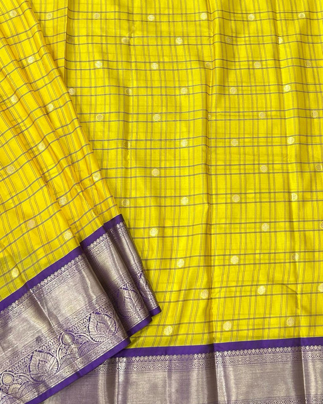 Yellow n purple  checks semi kanchivaram saree