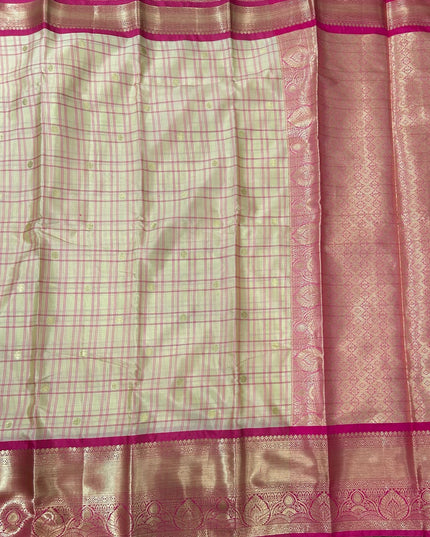Cream n pink checks semi kanchivaram saree