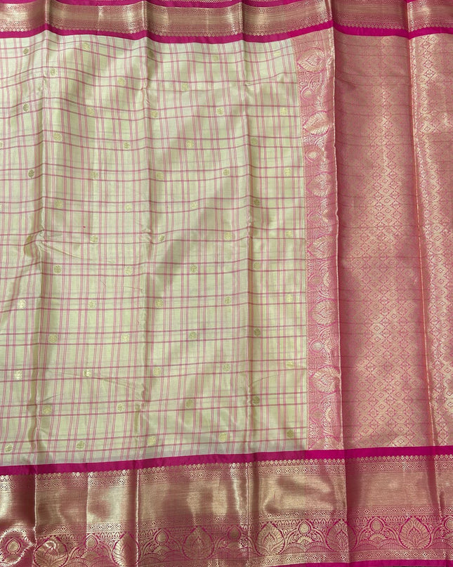Cream n pink checks semi kanchivaram saree