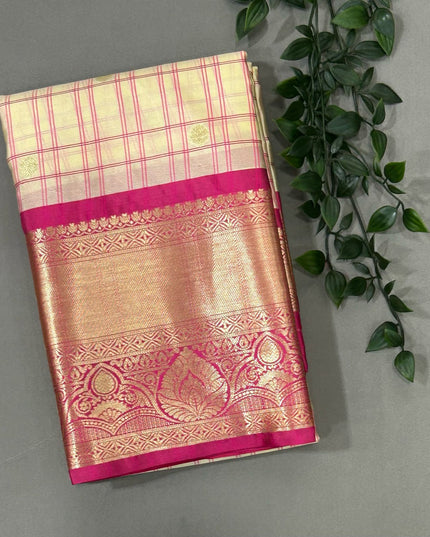 Cream n pink checks semi kanchivaram saree