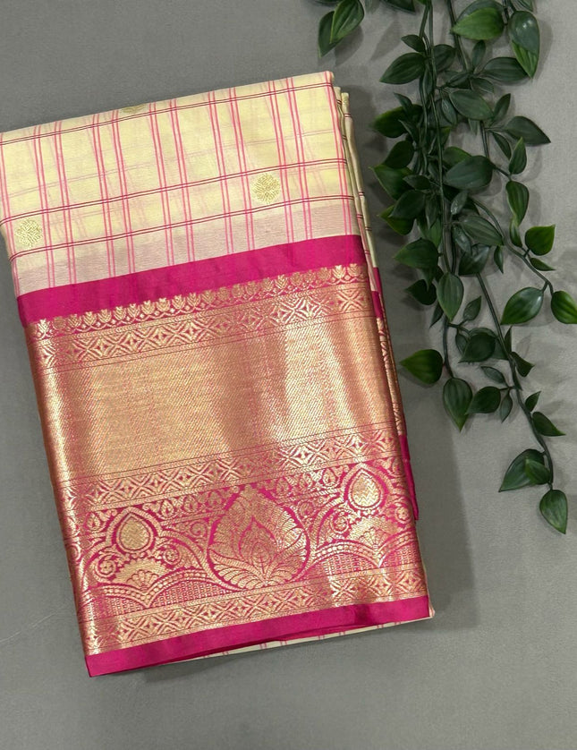 Cream n pink checks semi kanchivaram saree