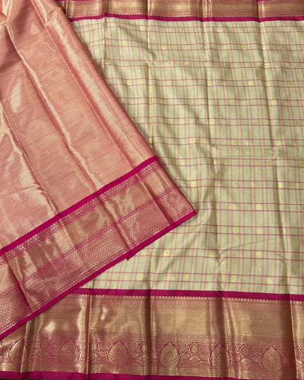 Cream n pink checks semi kanchivaram saree